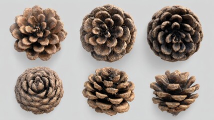 Collection of six pine cones arranged in grid on white background top view ideal for nature-based design, botanical references and seasonal visuals
