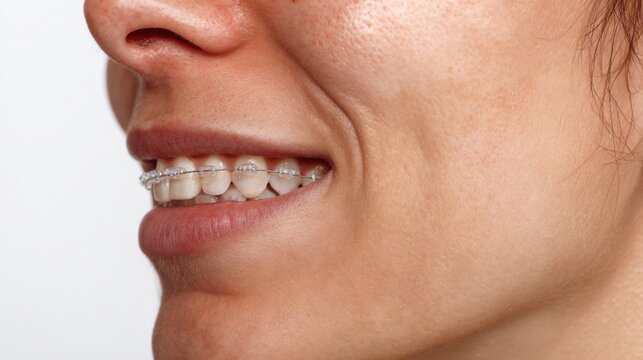 Close-up side profile of smiling young woman with dental braces on her teeth in natural light perfect for orthodontics, healthcare and dental ads
