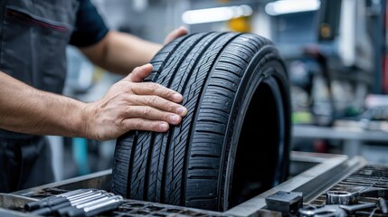A mechanic inspects a new tire, highlighting the importance of quality in automotive maintenance and repair.