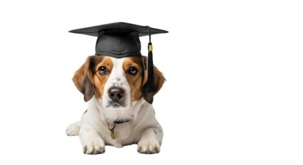 Beagle dog wearing graduation cap lying down academic