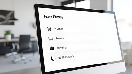 Close-up of a computer monitor displaying a "Team Status" application showing options like "In Office," "Remote," "Traveling," and "Do Not Disturb." This visualizes tracking employee availability for