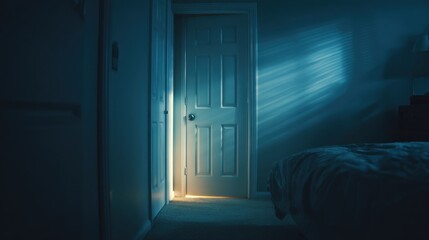 Dimly lit bedroom interior with partially open door and moody light rays shining through ideal for cinematic storytelling, suspense scenes and emotional visuals
