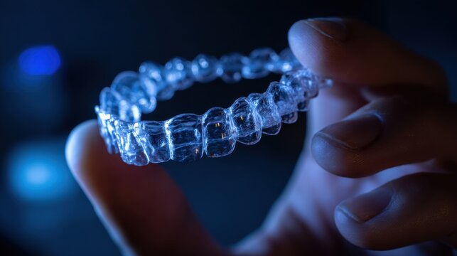 Transparent dental aligner held in hand under blue light ideal for orthodontics visuals, dental technology and hygiene-related promotional designs
