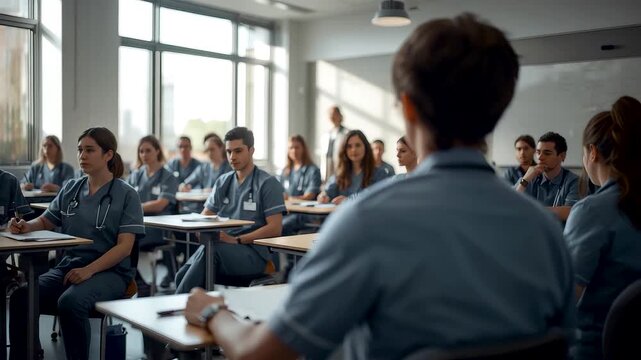 Attentive Students Listening in Modern Classroom During Group Lecture With Notebooks and Desks Showing Active Learning and Academic Training