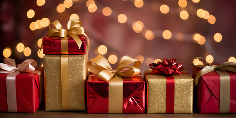 Festive Array of Presents: A collection of exquisitely wrapped gift boxes, adorned with shimmering ribbons, sits against a backdrop of twinkling lights, creating an atmosphere of anticipation and joy.