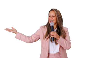 Woman public speaker presenting, holding microphone and gesturing, sharing ideas, inspiring growth, transparent background
