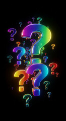 Many iridescent question mark shapes float against a dark, speckled background, representing uncertainty, inquiry, and a playful investigation