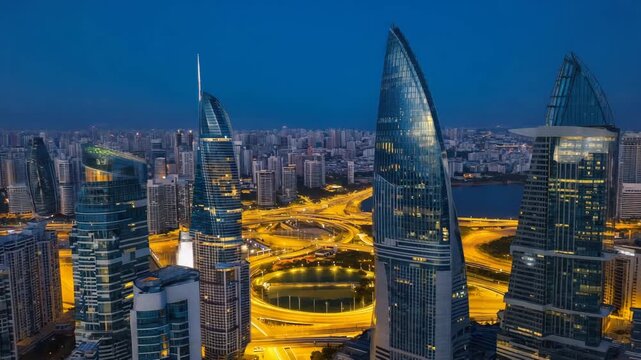 Cinematic Night City Aerial with Parallax Effect, City Lights, and Soft Atmospheric Haze"