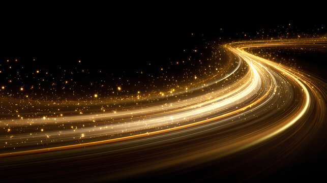 Curved golden light trail with sparks Magic swoosh effect Stock Illustration