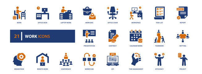 work icon set, Solid style, vector illustration