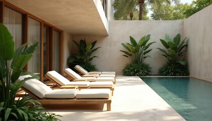 Fototapeta premium Luxury resort area with lounge chairs by pool. Minimalist design hotel features calm turquoise water, green plants and wooden furniture. Peaceful relaxation spot for guests.