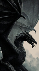 Black Dragon with Giant Wings in Dark Fantasy Sky