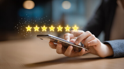 Customer satisfaction and review concept client using smartphone to give excellent five-star rating and feedback symbolizing quality service positive experience and brand reputation management