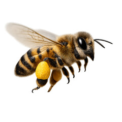 Flying honeybee with pollen sacs isolated on transparent background