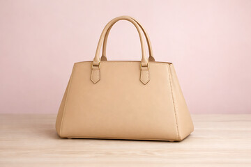 Large beige nude leather handbag with spacious interior and gold accents sitting on a light wood surface for minimalist lifestyle and luxury retail imagery