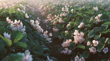 Field of pink flowers with green leaves. the flowers are in full bloom and appear to be a type of strawberry plant. the leaves are large and have a glossy texture.
