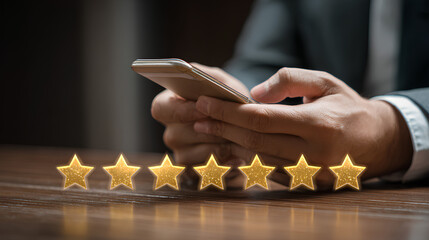 Customer satisfaction and review concept client using smartphone to give excellent five-star rating and feedback symbolizing quality service positive experience and brand reputation management