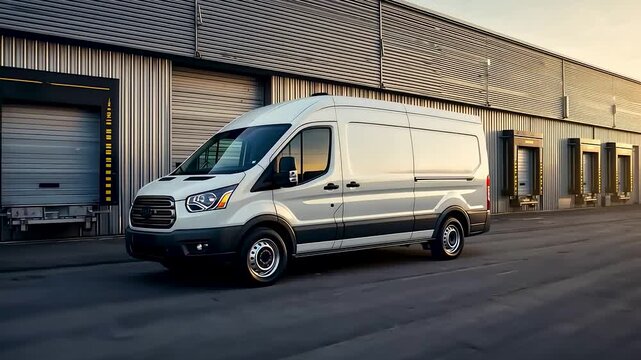 Commercial Delivery Van Parked Outside Industrial Warehouse at Sunset Showing Logistics Transport Operations and Modern Business Supply Chain