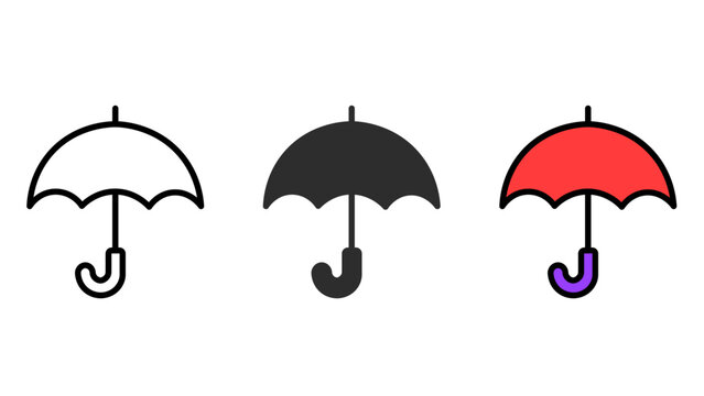 umbrella icon set on transparent background. set of three umbrella icons in outline glyph and flat color styles for weather protection isolated on transparent background