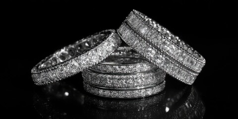 Black and white image featuring a collection of sparkling, diamond-studded bracelets artfully arranged against a dark backdrop