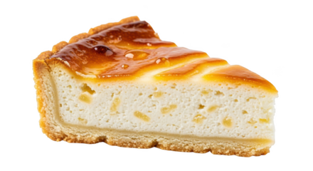 Slice of cheesecake with golden crust and glossy topping