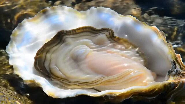 Open oyster with flesh, underwater, sunlight reflecting. For food, marine life, luxury, seafood concept