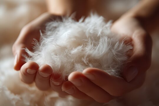 Hands cupping a cloud of white goose down feathers in soft light