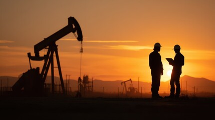 Industrial oilfield scene with two workers in silhouette forming a strategy by a pumpjack at dusk