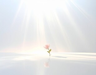 Bright spring flowers bloom under a clear blue sky as golden sunbeam rays filter through white clouds to create an abstract nature landscape of light and color