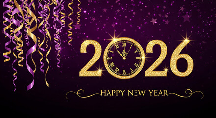 Golden 2026 with clock, streamers on dark purple with stars, celebrating New Year, representing festive mood, time passing and sparkling moment