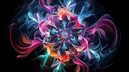 Dynamic abstract floral patterns digital art vivid colors dark background artistic perspective visual concept