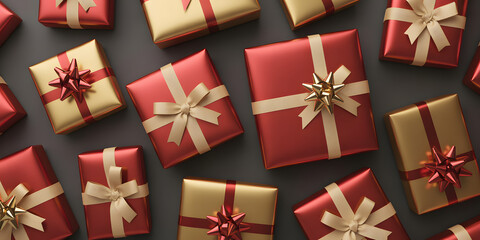 Wrapped Gifts: An array of elegantly wrapped gifts, adorned with ribbons, sit closely together, hinting at the joy of giving and the excitement of special moments.