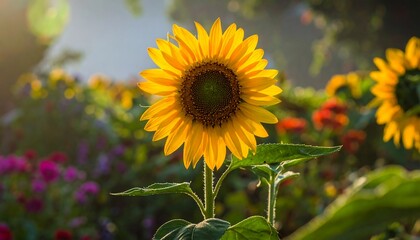 Fototapeta premium Vibrant sunflower, backlit by sun, blooms brightly in a lush garden scene with soft focus background flowers