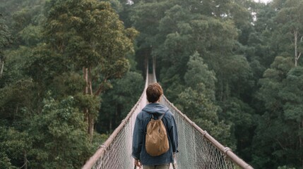 Person walking on a suspension bridge in the middle of a dense forest. the person is wearing a blue jacket and carrying a brown backpack.