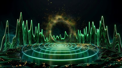Dynamic sound waves visualization abstract digital art 3d environment futuristic concept vibrant green colors