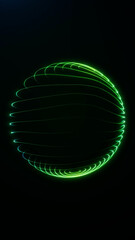 Vertical neon green fiber orb on dark background. Abstract futuristic illustration representing virtual technology, glowing energy and digital transformation concepts.