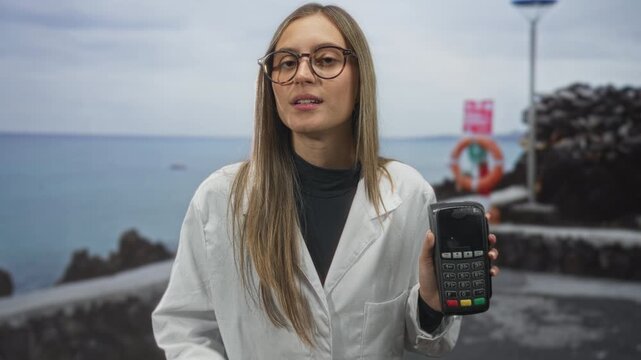 Woman holding a card payment terminal and pointing it forward at a rocky seafront pier, wearing white coat and round glasses; curiosity.