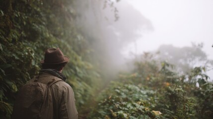 Man standing in the middle of a dense forest. he is wearing a brown hat and a green jacket, and has a backpack slung over his shoulder.