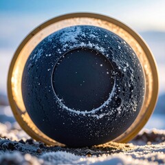 A dark gray sphere, frosted with snow, sits atop snow-covered ground, encircled by a golden ring