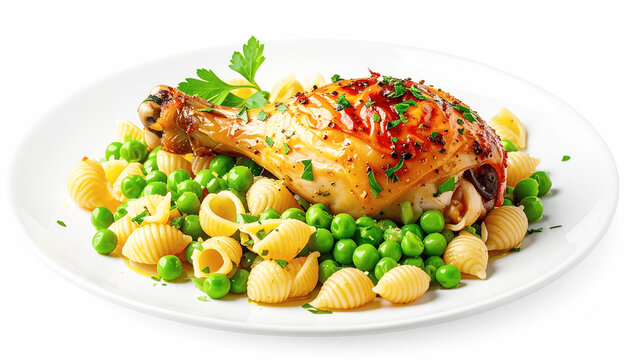 Roasted chicken leg and shell pasta with peas, white plate. AI
