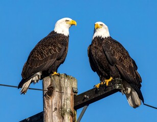 Obraz premium Two bald eagles perch on a weathered utility pole against a clear, bright blue sky