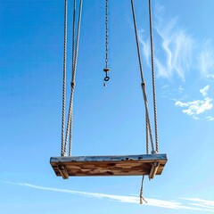 A wooden swing set against a vibrant blue sky.  Rope swings hang from a light-brown plank.  A small metal ring dangles