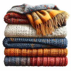 Stack of warm, colorful knitted blankets and throws.  Autumnal hues of muted oranges, reds, blues, and grays.  Soft, textured knits