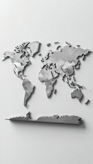Silver metallic world map cutouts on minimalist white background, modern decorative art.