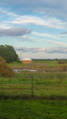 Evening landscape with green grass and forest. Evening landscape with green grass and cloudy blue sky