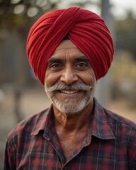 Man wearing red turban and plaid shirt