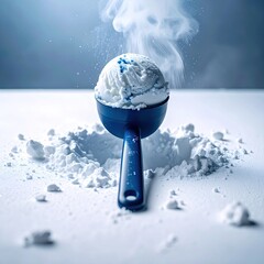 A blue measuring spoon holds a scoop of white ice cream, surrounded by white powdered substance, with steam rising