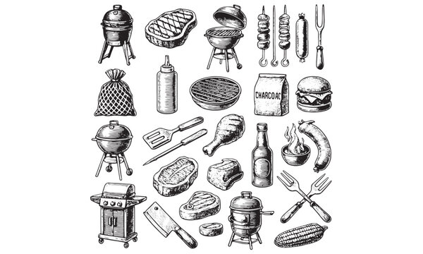 Barbecue Grill Icons Set BBQ Meat Skewers Burger Summer Vector Illustration