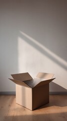 Open cardboard box on wooden floor with hard shadows, delivery concept background