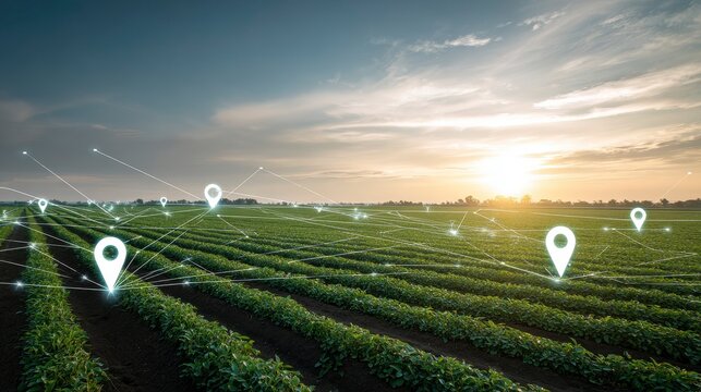 A sunlit field of crops under a cloudy sky, with digital location markers linked by lines, showcasing smart farming tech
